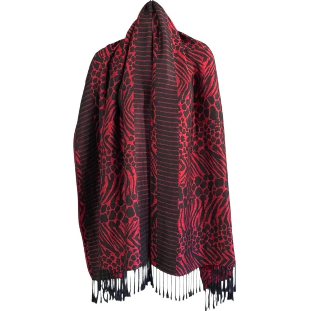 Red Black Animal Print XL Scarf Wrap Maximalist Artsy Bold Layering Lagenlook